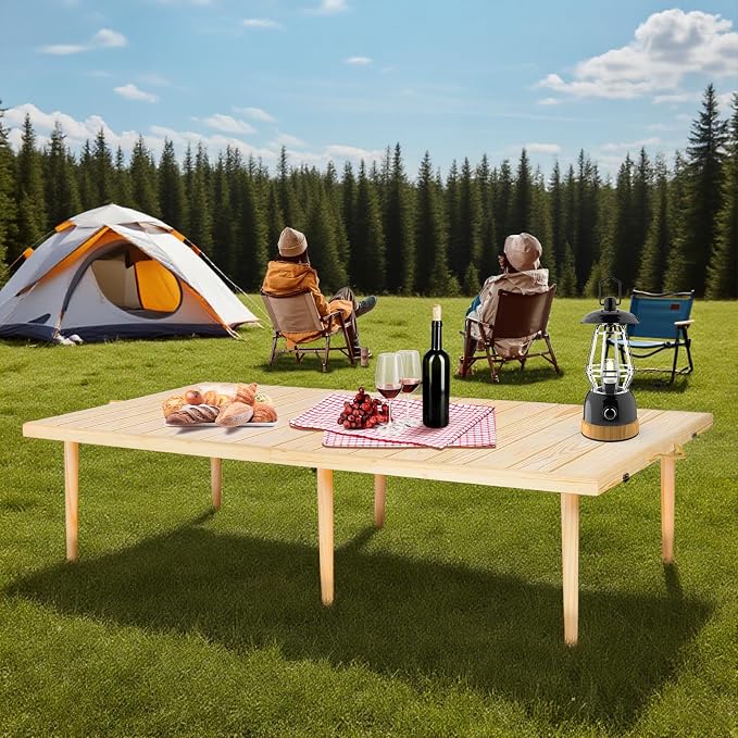 Boho Folding Picnic Table with Table Runner, 59.4" x 28.3" Wooden Low Portable Table with Carrying Handle, 2 Height Settings 14.6/17 Inches for Beach Camping BBQs