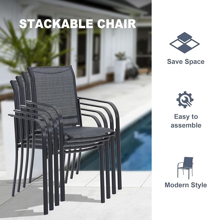 VICLLAX 7 Pieces Patio Outdoor Dining Set, 63" Outdoor Rectangular Metal Dining Table with Umbrella Hole and 6 Stackable Textilene Chairs for Lawn, Garden, Porch, Black/Grey