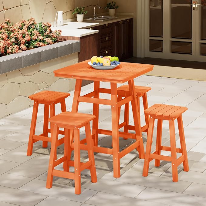 Costaelm Outdoor Bar Table, 37" Counter Height Square Patio Cocktail Bar Table with Umbrella Hole, Patio Bistro Dining Pub Table for Front Porch Deck Backyard Garden, Orange