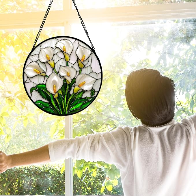 DASTOLL Stained Glass Window Hanging, White Calla Lily Suncatcher Diamond Glass Panel Hangings Flowers Sun Catchers Decor for Birthday for Women, Men, Wife, Aunt, and Mom 9.8 in