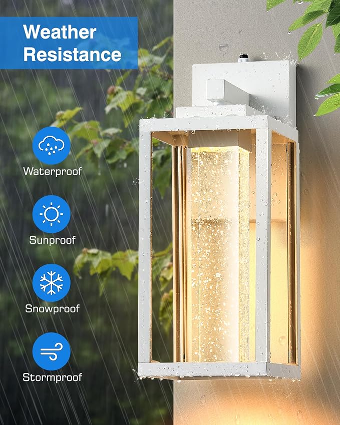 VIANIS White Exterior Lighting Fixtures for House, Large Dusk to Dawn Outdoor Wall Sconce Lantern for Porch, Outdoor Garage Lights Wall Mount with Integrated 10W LED Light Source Crystal Bubble Glass