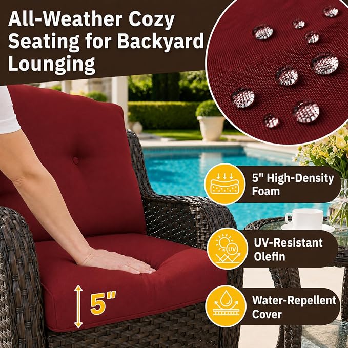 HUMMUH 3-Piece Swivel Rocking Rattan Chair Outdoor, Patio Bistro Furniture Conversation Set, Cushioned Wicker Chair with Glass Coffee Table