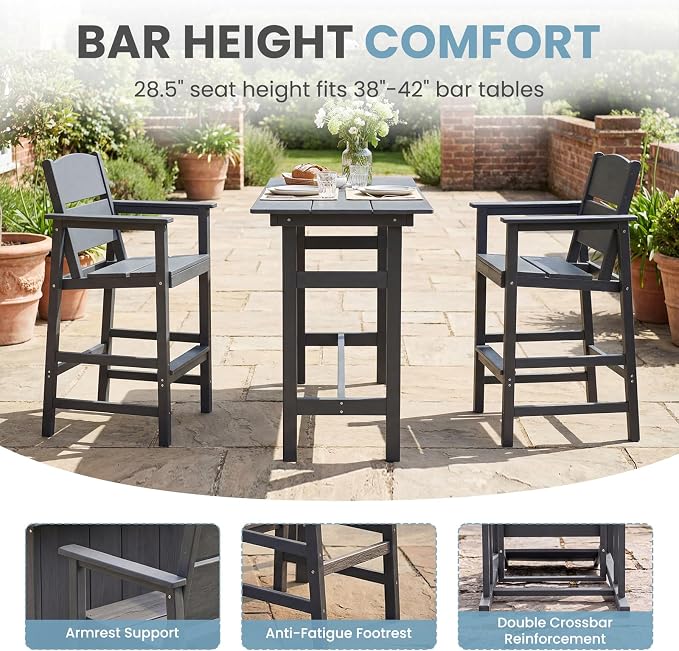 HDPE Outdoor Bar Chairs Set of 2, 28.5" Seat Height Bar Height Patio Stools with Armrest & Back, Heavy Duty All Weather High Top Chairs for Porch/Poolside/Deck, 400lb Capacity, Grey