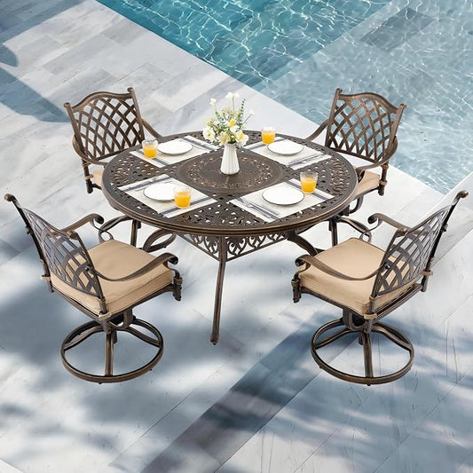5-Piece Cast Aluminum Outdoor Table and Chairs, Classic Vintage Patio Dining Set for 4 Include 54.5" Round Dining Table and 4 Swivel Chairs with Removable Cushion and Umbrella Hole