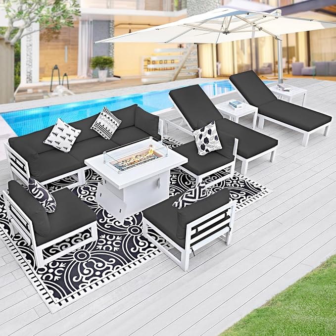 BULEXYARD 8 Seat Large Aluminum Patio Conversation Set with Lounge & Fire Pit Table, 29" Deep Wide Seat, High End Modular Sectional Seating, 500 lbs Durable Anti-Rust Outdoor Sofa for Poolside, Black