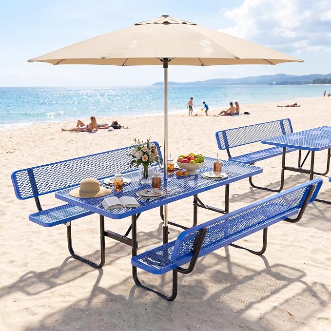 72" Rectangular Metal Picnic Table with Backrest, Commercial Steel Picnic Tables with 1.73" Umbrella Hole, Heavy Duty Picnic Tables for Outdoor Garden Courtyard BBQ, Blue
