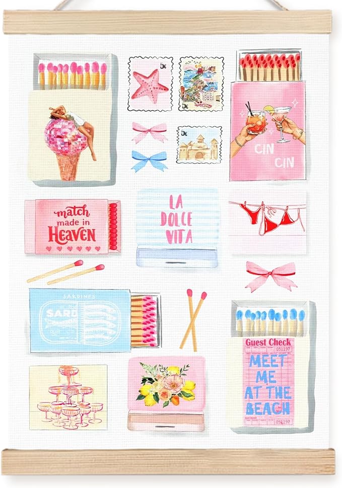 FDHSPAAM Retro Pink Beach Wall Art Decor, Beach House Decor, Coquette Pastel Coastal Beachy Aesthetic Wall Art Posters for Girls Bedroom Dorm Apartment College, 12x16 Inch