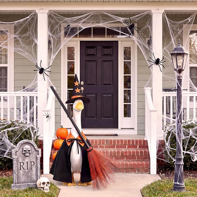 Halloween Porch Goose Outfit Goose Dress Witch Clothes with Broom and Hat Costume for 23" Gooses Statue Decoration Patio Yard Garden Lawn Outdoor Decors