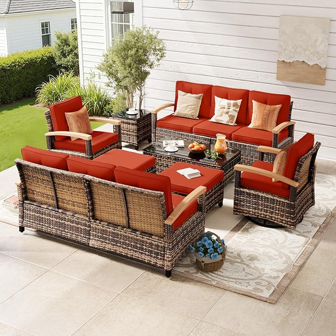 MEISSALIVVE 8 Pieces Patio Furniture Sets,Wicker Patio Conversation Sets with 2 Wood Armrests Swivel Glide Chairs, Outdoor Conversation Set for Deck Yard and Poolside (Red)