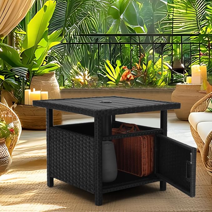 Outdoor Patio Umbrella Side Table with Umbrella Hole Small Wicker Coffee Table with Storage & 2 Weight Bags for Outside End Tables with Poly Lumber Top for Pool Deck Backyard Black