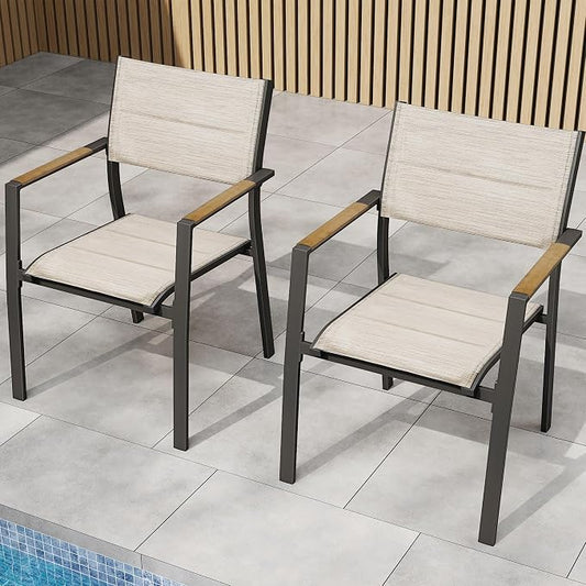 Outdoor Patio Dining Chairs Set of 2, Light Weight Aluminum Frame with Textilene Fabric & Wood-like Armrest, 275 LBS Capacity, Outdoor Stackable Chairs for Poolside Lawn Garden, Brown Armrest