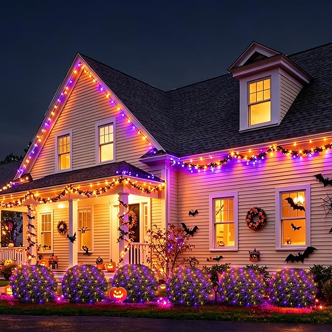 120LED Halloween Net Lights Outdoor, 5ft x 6ft Connectable Mesh Lights, 8 Modes 3.5V Low Voltage Waterproof Bush Lights for Trees, Bushes, Wedding, Party Decor (Orange/Purple, 1Pack)