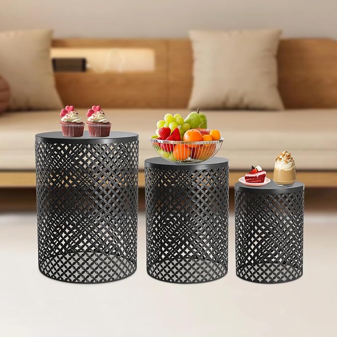 Outdoor Side Table Set of 3, Modern Metal Frame End Table Decorative Coffee Table, Round Cylindrical Patio Accent Table for Indoor Outdoor Garden Backyard Lawn Yard (Black)