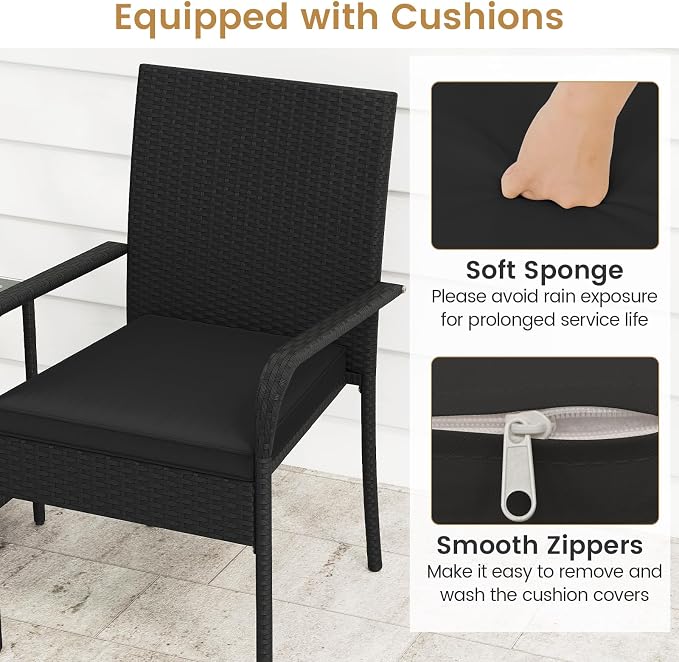 Tangkula 3 Pieces Patio Furniture Set, PE Rattan Outdoor Cushioned Conversation Chairs with 2-Tier Tempered Glass Tabletop Table, for Balcony, Garden and Poolside (Black)