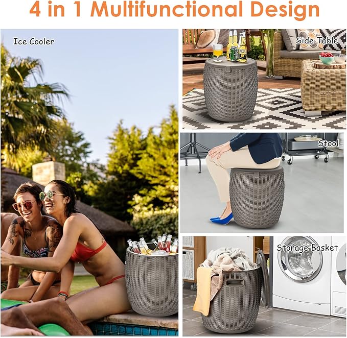 Tangkula 9.5 Gal Cooler Bar Table, Patio Wicker Ice Cool Bar Table, Outdoor Rattan Bar Table with Ice Bucket, Ice Bucket with Side Handles & Lid, Beer & Wine Cooler for Party, Poolside, Deck, Yard