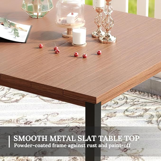 VICLLAX 63" Rectangle Outdoor Dining Table for 6, Patio Table with Umbrella Hole, All Weather Metal Patio Tables, Walnut Tabletop