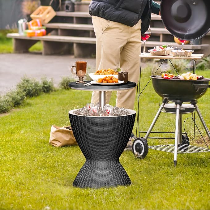 3-in-1 Outdoor Cocktail Table w/Built-in 8Gal Wine Cooler & All-Weather Ice Bucket - Adjustable Patio Bar Height Cooler Table for Poolside, Backyard, Outdoor Bar, Party & Picnic