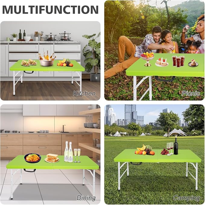 Portable 4Ft Folding Table, Heavy Duty Plastic Fold-in-Half Utility Foldable Table Small, Adjustable Height Plastic Folding Table with Carrying Handle for Camping & Party Indoor/Outdoor(Green)