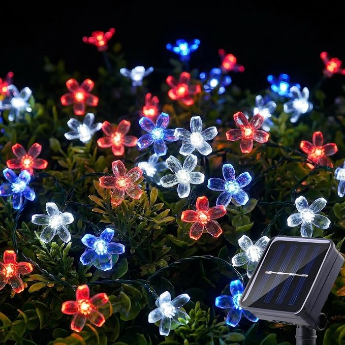 ITICdecor 50 LED Solar Flower String Lights Outdoor Waterproof 4th of July Fairy Light Decorations for Garden, Fence, Patio, Yard &Party Decoration (Red White&Blue)