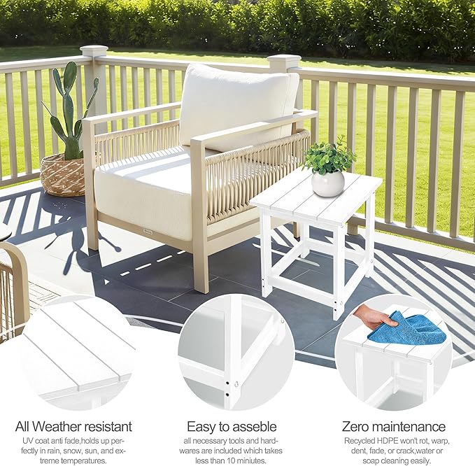 LZRS Patio End Table, Heavy Duty HDPE Outdoor Coffee Table with Wood Texture, Weatherproof Composite Table for Adirondack Chairs, Deck, Pool, Indoor/Outdoor, No Peeling or Cracking(White)