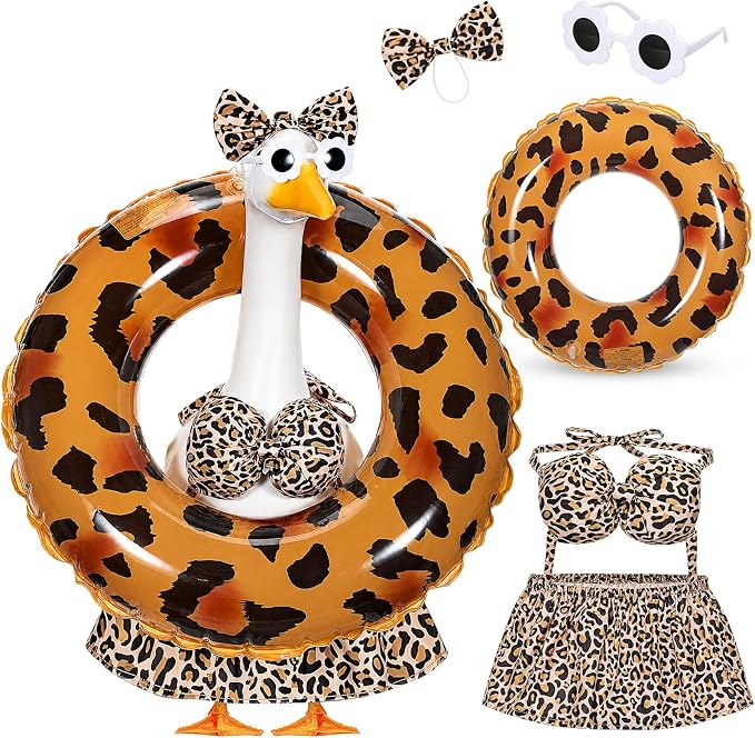 Bikini Porch Goose Outfits with Sunglasses and Swimming Tube for 23" Summer Goose Costume Garden Patio Statue Decor(Leopard Print)