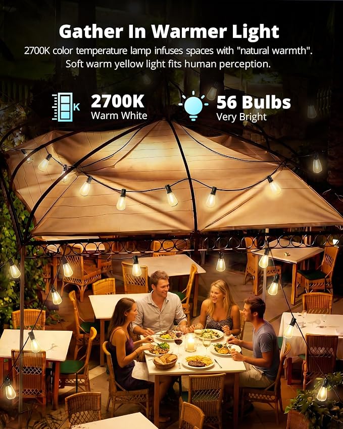 Outdoor String Lights 120FT, Outdoor Party Light with 58 Edison Lights Bulb | Shatterproof,Edison Outside Lights,Plug-In,2700K Dimmable, Connectable, Hanging Light for Porch Garden Backyard Deck Balcony