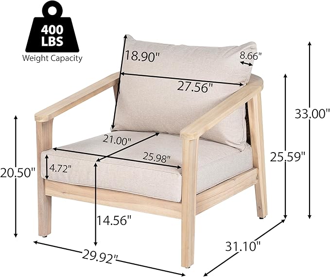 Merax 4 Piece Outdoor Wood and Wicker Chat Set, Light White Finish with Beige Cushion