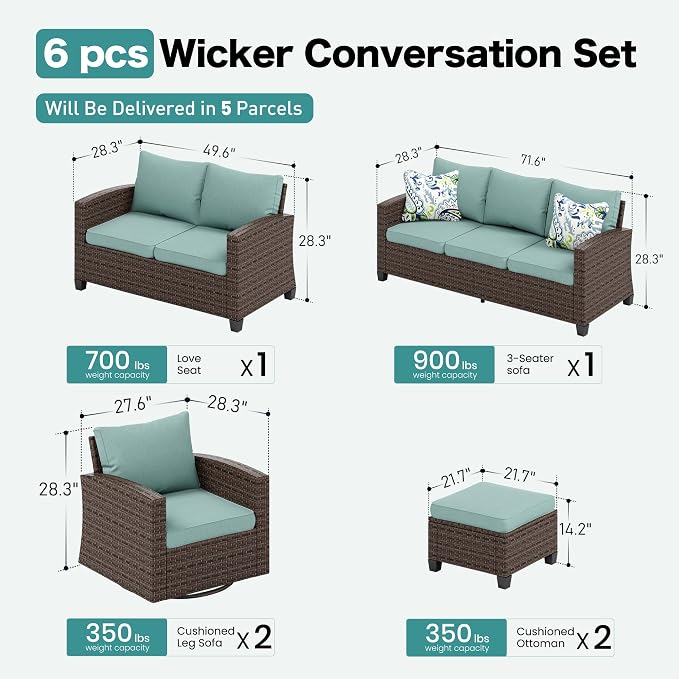 SUNSHINE VALLEY Swivel Glider Patio Furniture Set Outdoor Furniture Brown Wicker Rattan Patio Conversation Sets with Cushion Outside Sofa Set,6 Pieces 9 Seats,Blue