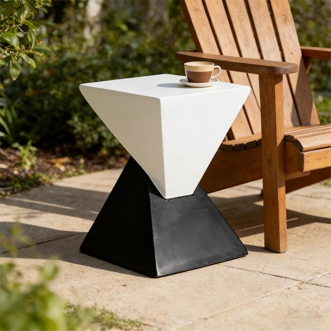 Merax Modern Concrete Side Table with Hourglass Design - Hand-Painted Wood Finish Accenttable for Indoor/Outdoor, White&Black