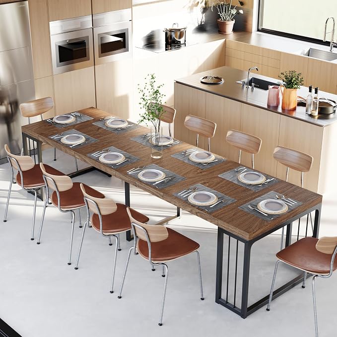 Lasageldar 118" Extendable Dining Table for 10 People, Modern Space Saving Wood Dinner Table for Kitchen Dining Living Room Outdoor Patio (Walnut Brown)