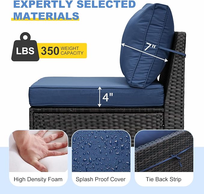 Patio Furniture Set, 10 Pieces Outdoor Couch Sofa with Wider Armrests & Glass Coffee Table, Outdoor Sectional Furniture with Thick Cushions for Party, Poolside,Garden-Navy