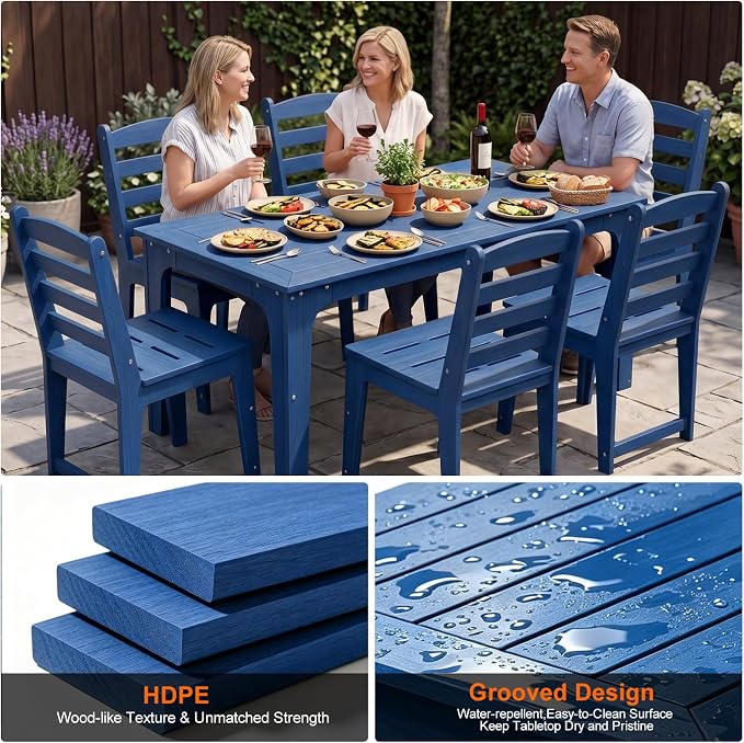 HDPE Outdoor Patio Dining Chair All Weather Resistant Set of 2, Blue | Slatted Back Dining Armless Chair, Weatherproof Outdoor Side Chair Patio Furniture for Poolside Garden Backyard Deck Indoor
