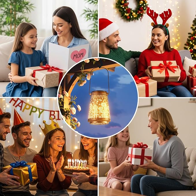2 Pack Solar Lanterns Outdoor Waterproof, Birthday Gifts for Women Mom | Hollow-Out Metal Sunflower Lantern, 2 Lighting Modes, Outside Hanging Solar Lights for Christmas Decorations, Garden Decor