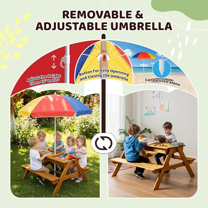 JOYMOR 4-in-1 Kids Picnic Table w/2 Sensory Bins, Cedar Wooden Sand & Water Table with Height Adjustable Umbrella, Wooden Kids Outdoor Picnic Tables for Garden, Backyard, Patio Furniture(Natural)