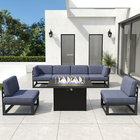 7 Pieces Aluminum Patio Furniture Set with Propane Gas 44" Fire Pit Table, Metal Outdoor Conversation Sofa Set with Seating Cushions