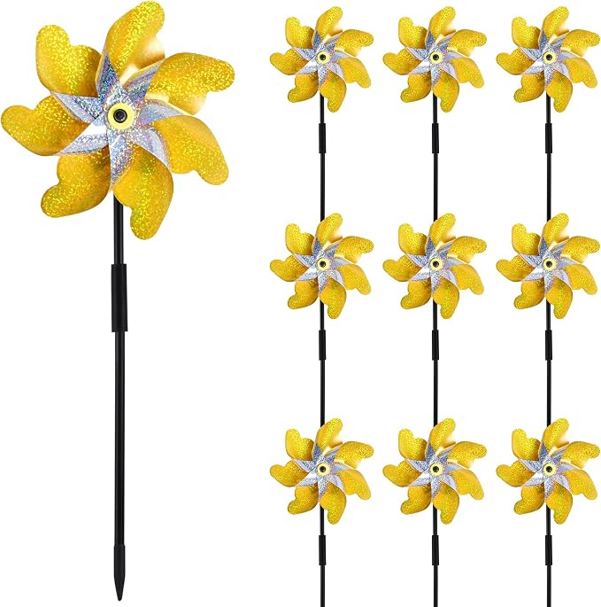 10 Pack Pre-Assembled Pinwheels for Yard and Garden, Gold/Silver | Wind Spinner Measures 19.7'' H x 6.8'' W, Reflective Surface Sparkles In Sunlight, Connect Stakes For Yard, Garden Or Lawn