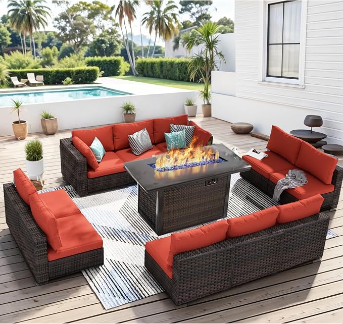 11 Piece Patio Furniture Set with Fire Pit Table, Outdoor Sectional Sofa PE Rattan, Patio Conversation Sets with Cushions for Garden Lawn Balcony Porch Deck Red