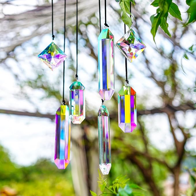 Set 7 Crystal Sun Catcher Prisms AB Colored Suncatcher Crystals for Window | Rainbow Maker Prisms,Indoor Window Suncatchers Hanging,Glass Ornaments for Christmas Tree Home Garden Decor,Gift For Women