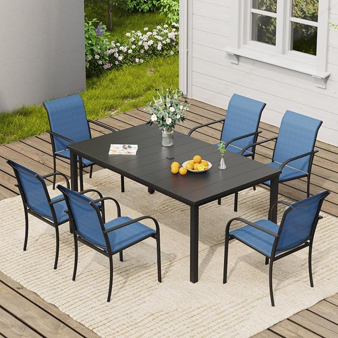 VICLLAX 7 Pieces Patio Dining Set, Patio Furniture Set of 6 Patio Stackable Dining Chairs and Outdoor Metal Table with Umbrella Hole for Backyard Lawn Garden, Blue Chairs and Black Table