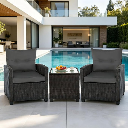 3 Pieces Patio Furniture Set,Outdoor Wicker Conversation Set,Outdoor Wicker Patio Chairs with Cushions & Glass Coffee Table,Bistro Set Outdoor for Porch (Grey)