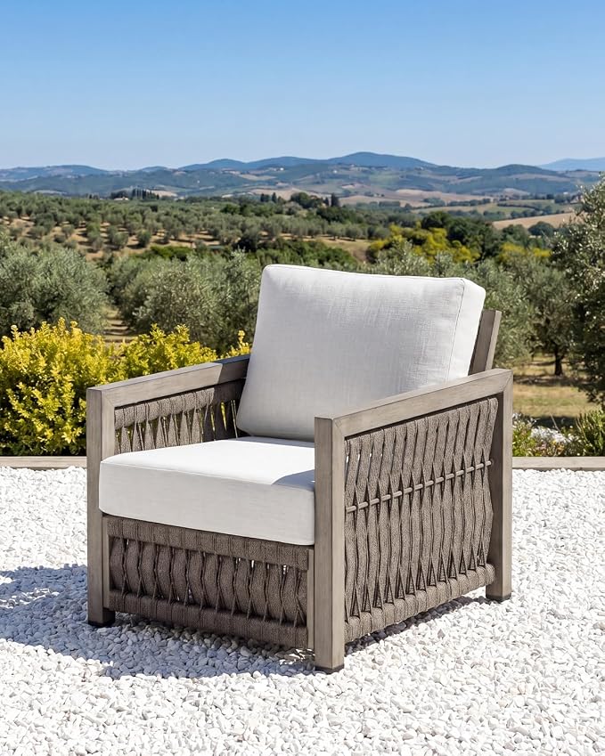 Patio Sofa Chair, Never Rusts Aluminum Outdoor Armchair with Washable Cushions, Rope Weave Outdoor Sofa Chair Patio Sofa Armchair, Deep Seating Patio Furniture for Garden, Porch, Gray Oak