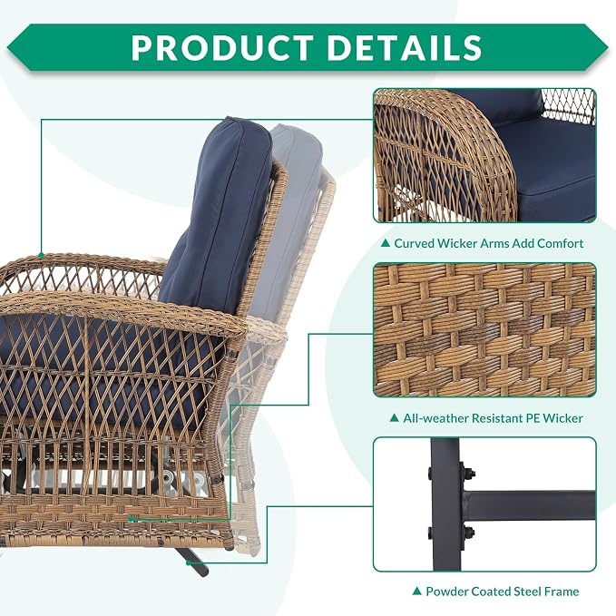 VIVIJASON 3-Piece Patio Bistro Glider Set, Outdoor Wicker Glider Rocking Chairs Set of 2 with Tempered Glass Side Table, Patio Rattan Furniture Set for for Backyard, Garden and Porch, Navy Blue