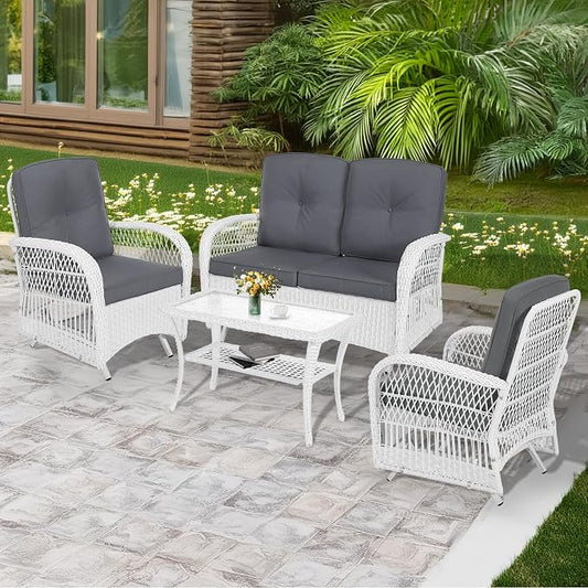 MEETWARM 4 Pieces Outdoor Wicker Patio Conversation Sets with Glider Loveseat, 2 Chairs with Coffee Table Wicker Rocking Glider Set, Rattan Conversation Set with Thickened Cushions, White/Grey