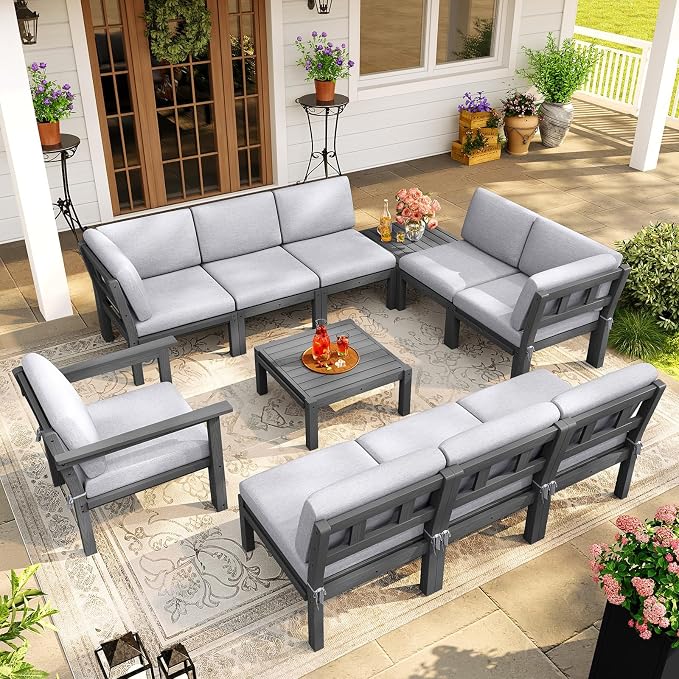 Modular Outdoor Patio Furniture Armless Seat, HIPS All-Weather Outdoor Sectional Sofa with High-Density Thick Cushions, Easy Side Interlock, Patio Seat for Backyard, Balcony, Deck (Grey)