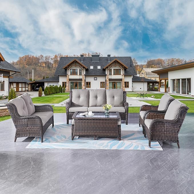 Outdoor Patio Furniture Sofa Set - 7 Piece Rattan Wicker Patio Sectional Conversation Sets with 1 Sofa,1 Loveseat,1 Coffee Table,2 Armrest Chairs and 2 Ottomans for Porch Deck Garden(Brown/Grey)