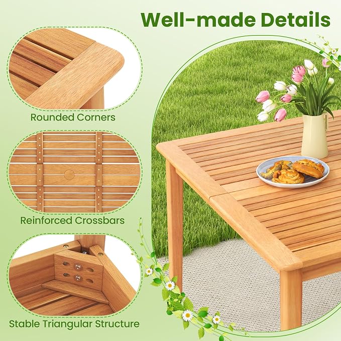 Tangkula 4-Person Outdoor Acacia Wood Dining Table, 40" Square Bistro Table with 1.96" Umbrella Hole, Outdoor Patio Table for Porch, Deck, Garden and Backyard, Natural