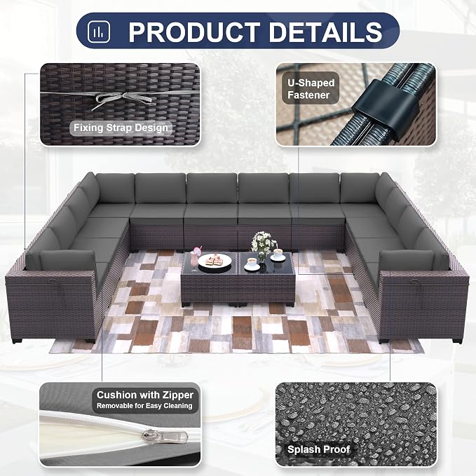 Kurapika 14 Pieces Patio Furniture Set, Rattan Wicker Outdoor Conversation Sets w/4 Inch Cushion and Glass Coffee Table(Grey)