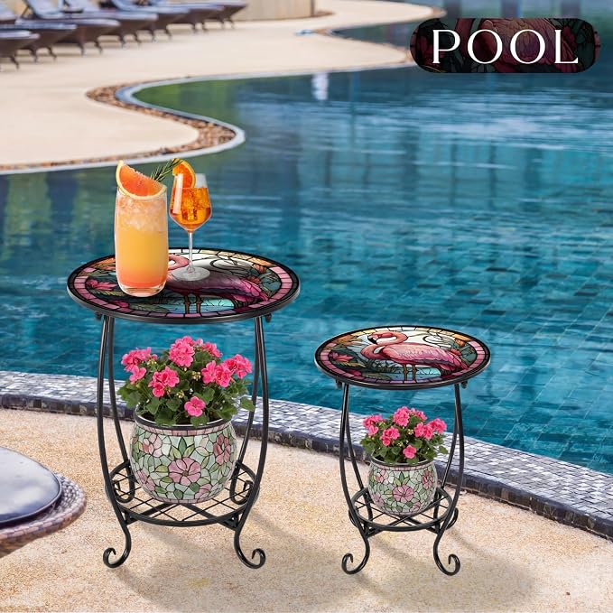 Cinnvoice 2 Pcs Outdoor Side Table Small Patio Round Mosaic Accent End Table Indoor Plant Metal Coffee Tea Tables for Patio Yard Porch Garden Living Room(12" and 16",Flamingo Style)