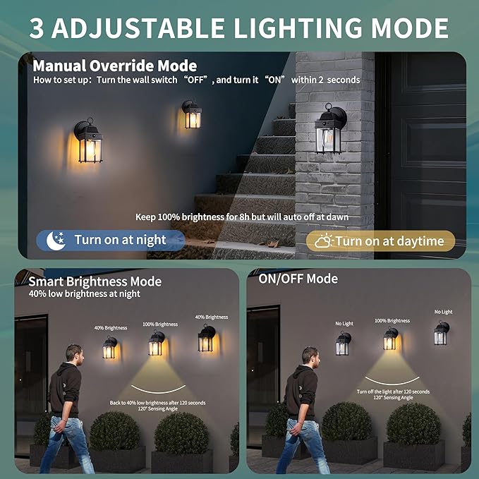 Motion Sensor Dawn to Dusk Sensor Outdoor Wall Light Fixtures Waterproof Porch Lights Outdoor Anti-Rust Black Exterior Lighting Fixtures for House Front Door -2 Pack