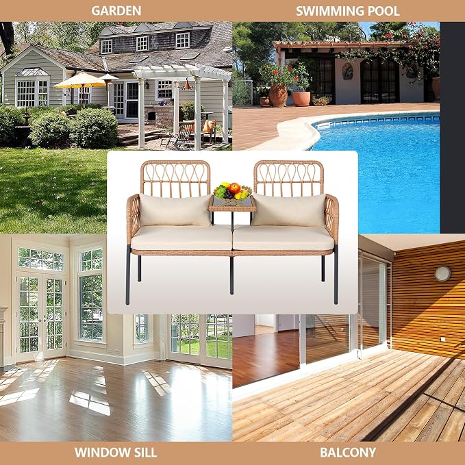 Outdoor Loveseat 2 Pieces Patio Furniture Set, Porch Furniture Wicker Large Loveseats, Patio Conversation Sets with Cushions & Lumbar Pillows and Built-in Table